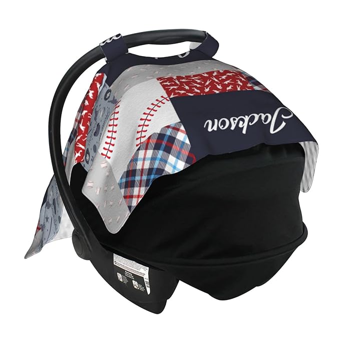 Personalized Baseball Baby Car Seat Canopy for Babies with Name, Custom Sports Car Seat Covers Boys Girls, Peekaboo Opening Minky Nursing Breastfeeding Cover Infant Car Seat Canopies for Newborn