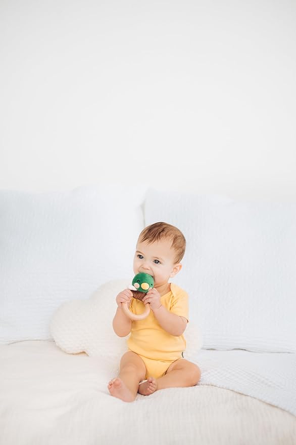 Pearhead Mallard Duck Wooden Baby Teether – Soft Plush Lovey with Natural Wood Rattle Ring, BPA & PVC-Free, Soothes Infant Gums, Multi-Sensory Newborn Essential for Boys, 0+ Months