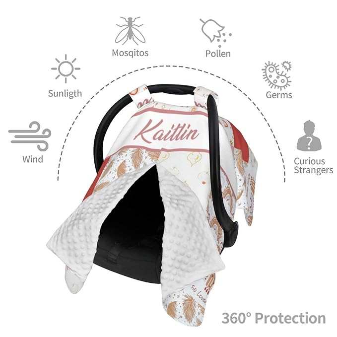 Personalized Baby Car Seat Canopy for Babies with Name, Custom Name Car Seat Covers for Girls, Colorful Rainbow Opening Minky Nursing Breastfeeding Stroller Cover Infant Carseat Canopies for Newborn