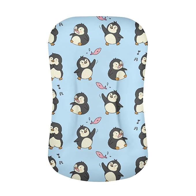 Penguin Kawaii Baby Nest Newborn Lounger 0-24 Months Sleeping Pillow Stretch Fitted Floral Soft Breathable for Boys Girls Blue