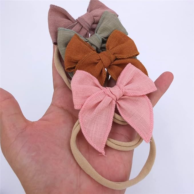 Sugarmelon Linen Bow Nylon Headband for Baby Newborn Infant Toddler Hair Bow Elastic Bands for Baby Girls Little Kids Headbands (Linen Fable bow 3'')