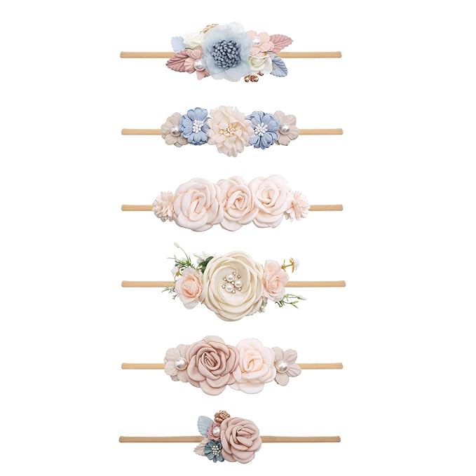 Baby Girl Flower Headband 6 PCS Elastic Hairbands Handmade Nylon Bows Headbands Chic Floral Hair Accessories Kids Gifts for Newborn Infant Toddlers
