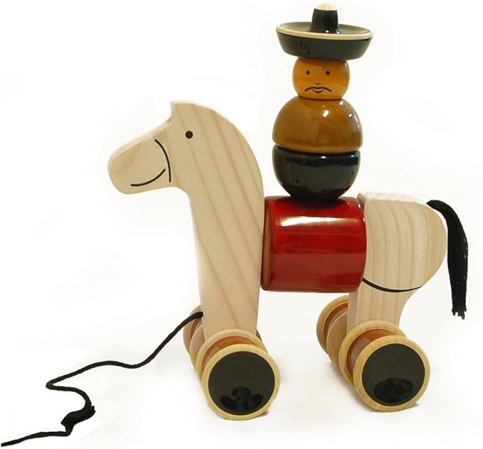 Maya Organic Handmade Wooden Stacker & Pull Toy Rodeo with Galloping Motion, Made Using Natural Colors for Toddlers 18 Months Old and up, Helps in Early Education and Development | HEE HAW