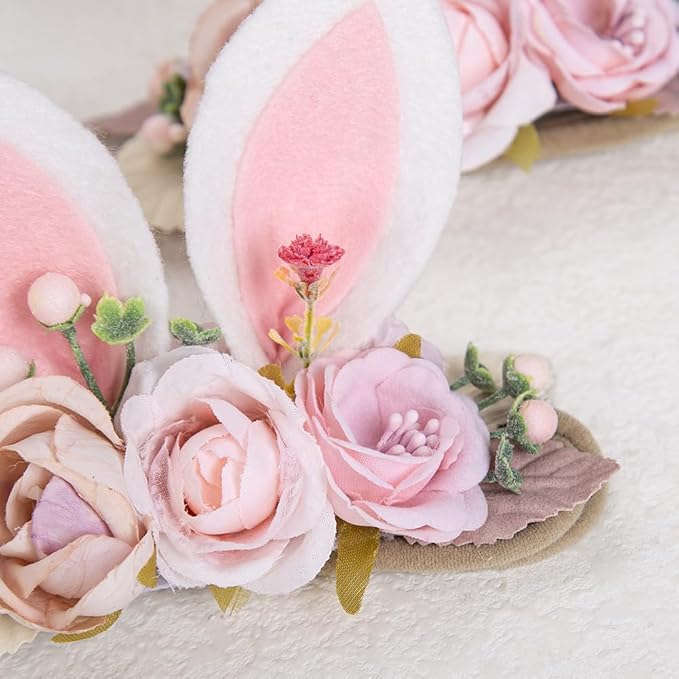 KIDOCHEESE Baby Girl Floral Easter Bunny Ears Headband Rabbit Ears Nylon Hairband for Newborn Infant Toddler Easter Hair Accessories Gift