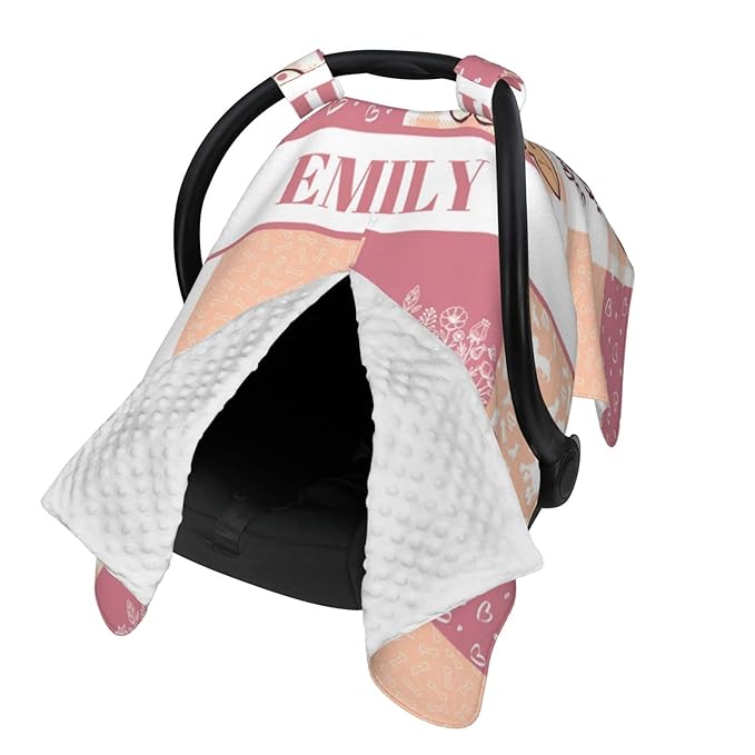 Personalized Baby Car Seat Canopy for Girls, Custom Name Baby Car Seats Covers for Babies, Opening Minky Nursing Breastfeeding Stroller Cover Infant Carseat Canopies for Newborn (Cute Puppy Pink)
