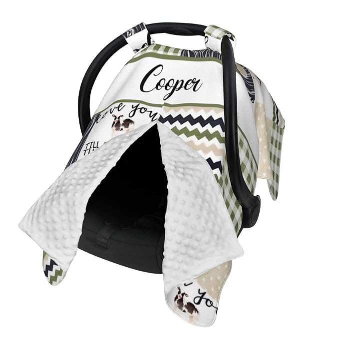Personalized Baby Car Seat Canopy for Babies, Custom Name Car Seat Covers for Boys and Girls, Opening Minky Nursing Breastfeeding Cover for Infant, Carseat Canopies for Newborn (Farm Cow)