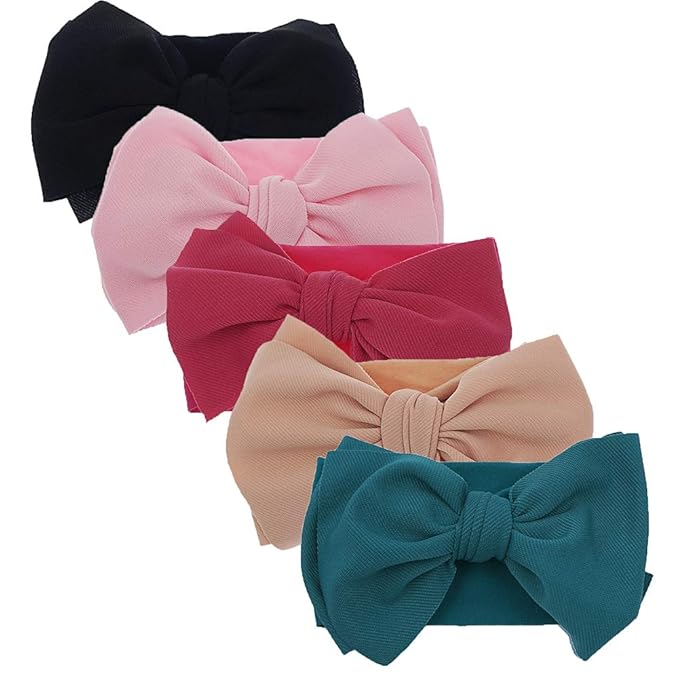 KIDOCHEESE Hairband, Baby Girl Bows Nylon Headbands with Bows, Handmade Hairbands Elastics Hair Accessories for Newborn Infant Toddlers Kids, 5 Pcs(KK69-01)