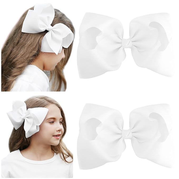 DEEKA 2 PCS 8" Big Hair Bows Hand-made Grosgrain Ribbon Solid Color Large Bows Alligator Clips Hair Accessories for Girls Set of 2 -White