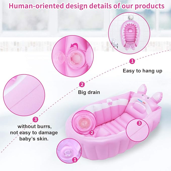 | Inflatable Baby Bathtub,Newborn Bathtub Seat for Infant,Non-Slip Baby Pool for Sitting up,Foldable Toddler Tub Shower,Portable Travel Bath for Kids 0-6 Year (Pink, Animal Print)