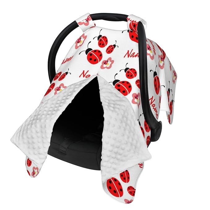 Personalized Lady Bug Baby Car Seat Canopy with Name, Custom Light Weight Minky Covers for Baby Boy Girl, Nursing Breastfeeding Stroller Cover Canopies for Newborn