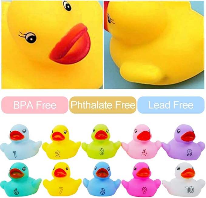 10 Pack: Numbers Counting Rubber Ducks Colorful Bath Toys - 1, 2, 3 Learn to Count Numeracy Early Learning Educational Bathtime Squeak Duckies Bathtub Set for Kids, Toddlers