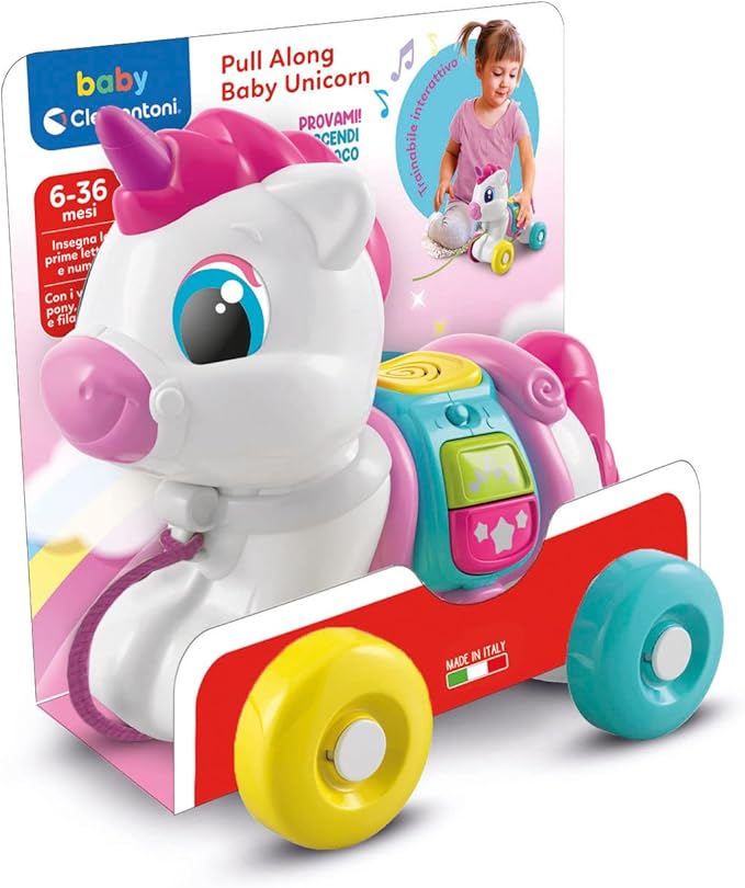 Clementoni - Baby Unicorn Always with Me Interactive Towing, Animal to Pull, Game for Motorability, First Steps, Learning to Walk, Children 6 Months-Made in Italy, Italian Colour, 17803