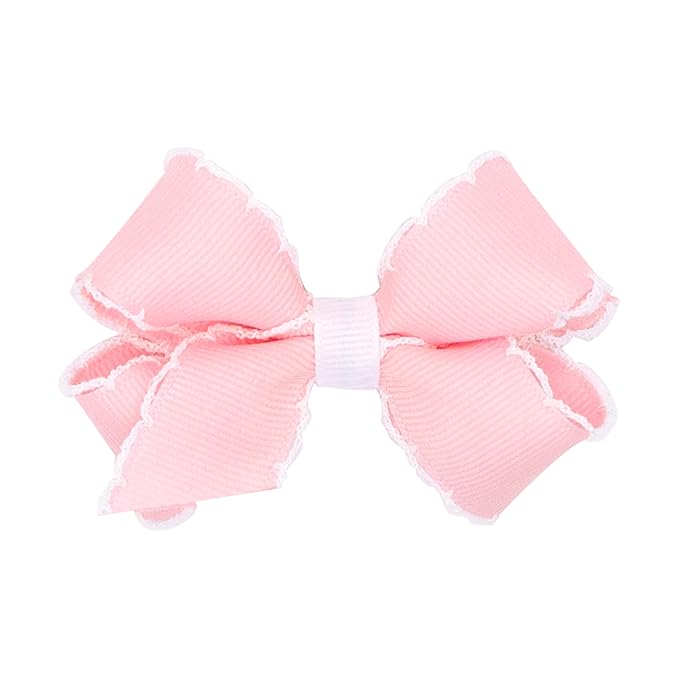 Wee Ones Girls' Classic Grosgrain Moonstitch Edge Hair Bow, No-Slip Hair Clip, Handmade, Light Pink with White, Mini