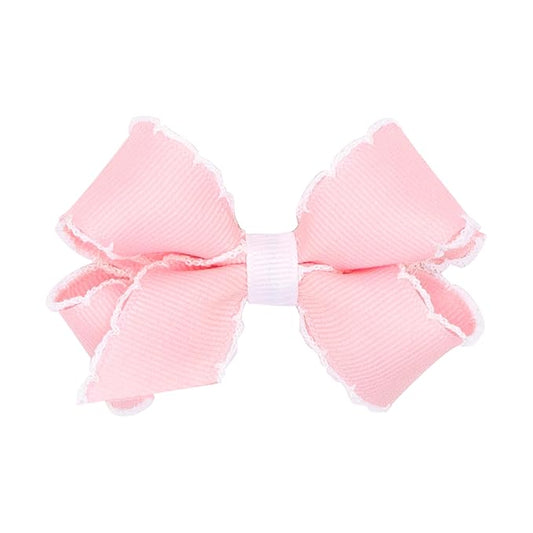 Wee Ones Girls' Classic Grosgrain Moonstitch Edge Hair Bow, No-Slip Hair Clip, Handmade, Light Pink with White, Mini