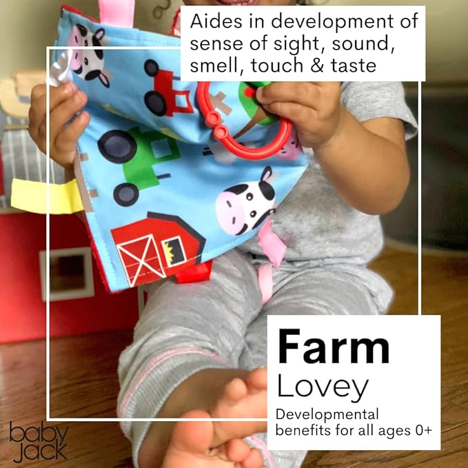 Baby Sensory Farm Animal Crinkle Tag Toy for Developing 5 Senses - Learning Shapes and Colors - Tummy Time - Travel Stroller Keepsake with BPA Free Clip for On The Go 8" x 8"