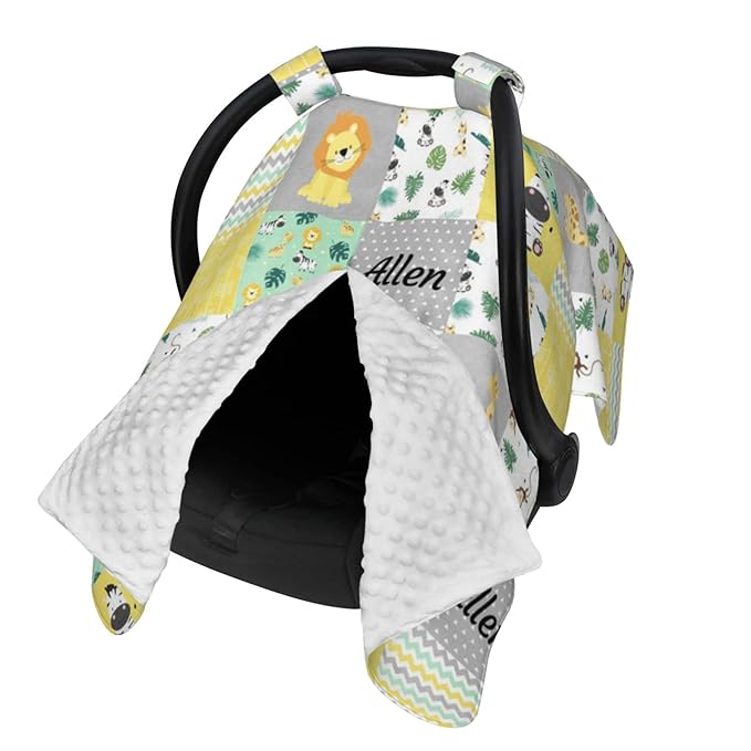 Personalized Zoo Animals Plaid Baby Infant Car Seats Canopy for Babies with Name, Custom Multi-use Blankets for Baby Boys Girls, Peekaboo Minky Nursing Breastfeeding Cover Canopies for Newborn