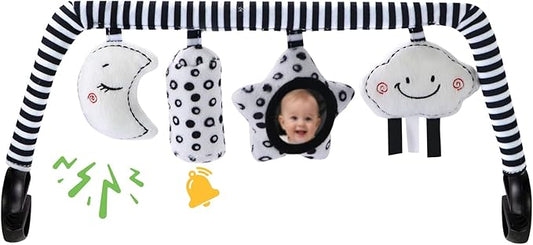 TinlyFinly Baby Bouncer Toy Bar Soft with 4 Hanging Sensory Toys Attachment, Compatible with Baby Bjorn Bouncer, with Mirror, Rattle, Crinkle Sound for Babies All Ages (Black and White Shapes)
