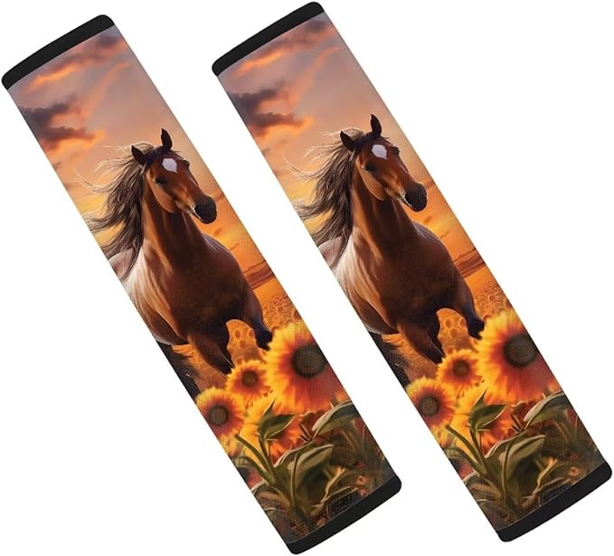 Biyejit Car Seat Belt Pads Cover, Safety Seat Belt Comfortable Shoulder Pads for Adults and Children 2 Packs, Sunset Sunflower Horse