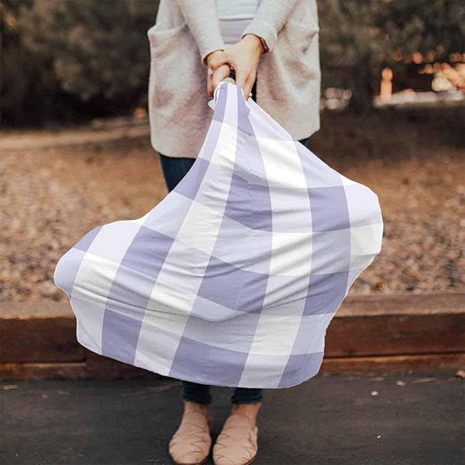 Purple White Plaid Car Seat Covers for Babies, Modern Geometric Checkered Lattice Nursing Breastfeeding Covers Stretchy Breathable Baby Carseat Canopy Cover for Girls and Boys Shower Gifts