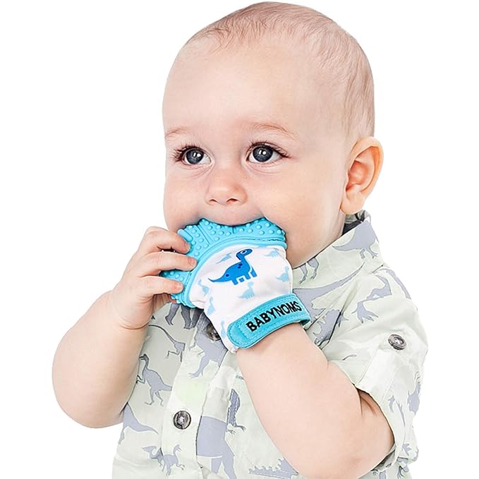 Teething Mitten | The Original Paw Safe Silicone Toys or Ring Provides Self-Soothing Relief Dino Blue Teether