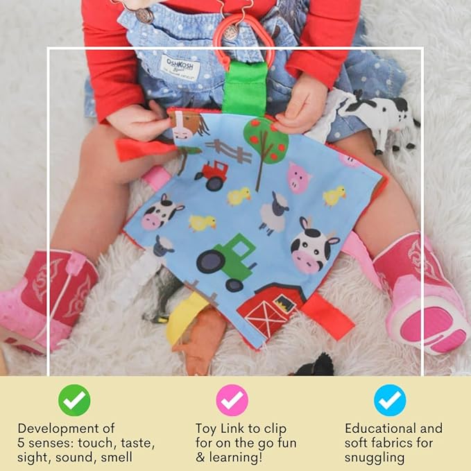Baby Sensory Farm Animal Crinkle Tag Toy for Developing 5 Senses - Learning Shapes and Colors - Tummy Time - Travel Stroller Keepsake with BPA Free Clip for On The Go 8" x 8"
