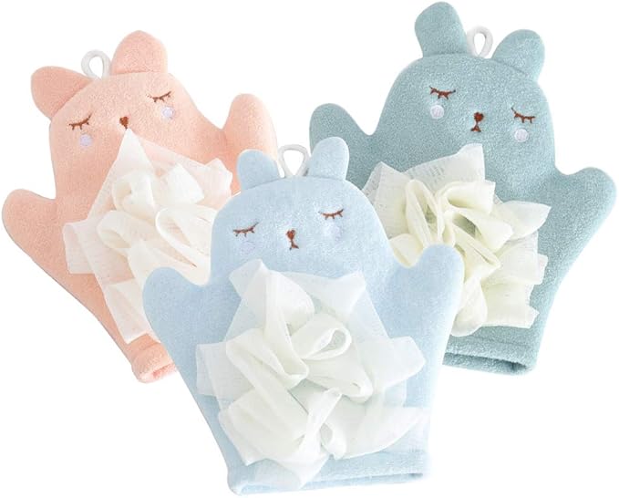 Bath Sponge for Kids Cute Animal Shower Bathing Mitt Loofah Soft Wash Sponge Body Scrub for Baby Toddler (Set of 3