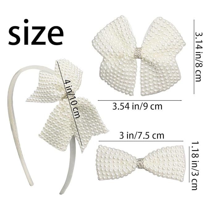 JIAHANG Baby Girls Pearl Beaded Hair Bow Headband and Clips Set, Rhinestone Hair Accessories Gift 4Pcs Set for Toddlers Teens School Girls (pearlseries)