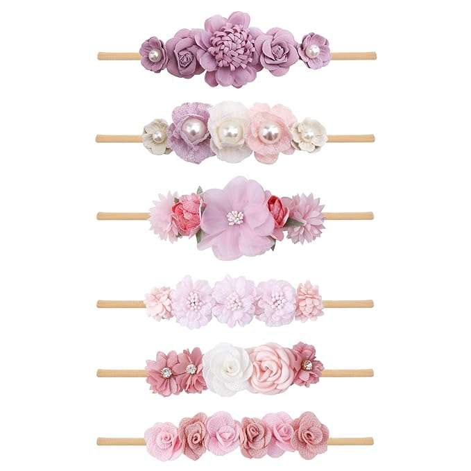 OOSAKU Baby Girl Flower Headbands Set Elastic Floral Headbands 6pcs Soft Nylon Hair Band for Newborn Toddler Hair Accessories