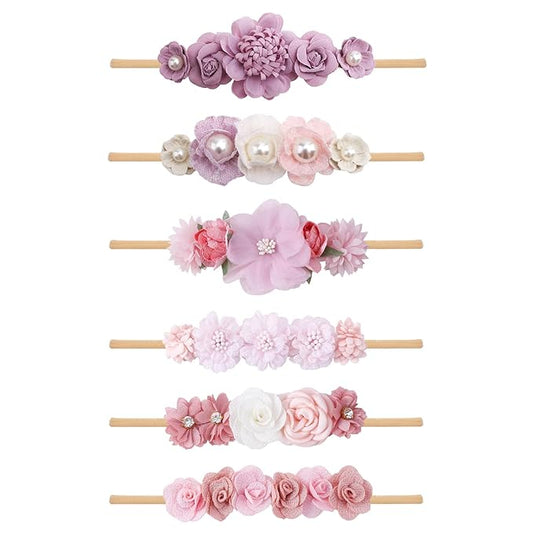 OOSAKU Baby Girl Flower Headbands Set Elastic Floral Headbands 6pcs Soft Nylon Hair Band for Newborn Toddler Hair Accessories