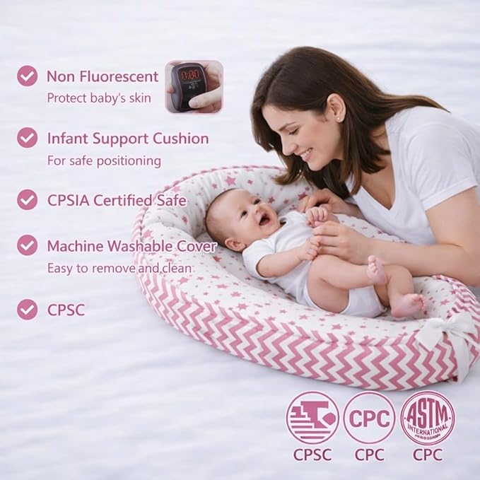 Aila+Aiden Baby Lounger | Organic Cotton Infant Lounger | Reversible, Adjustable & Portable Floor Lounger | Supervised Use | Soft, Breathable, Washable Cover - Star Collection (Pink)