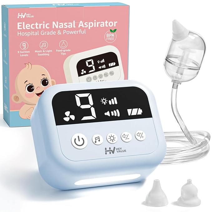 HEYVALUE Nasal Aspirator for Baby, Hospital Grade Nose Sucker with 9 Levels Suction, Night Light and Nursery Rhyme Soothing, Electric Nose Suction for Baby with Food-Grade Silicone Tips Blue