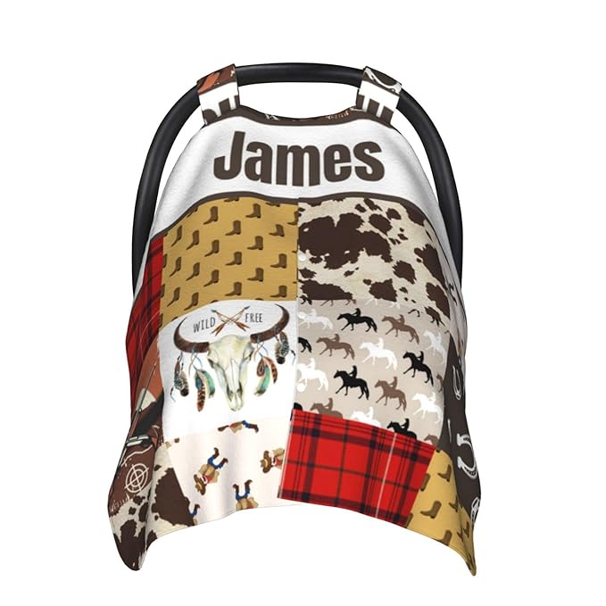 Personalized Baby Car Seat Canopy for Babies with Name, Custom Cowboy Western Car Seat Covers for Boys, Opening Minky Nursing Breastfeeding Stroller Cover Carseat Canopies for Infant Newborn