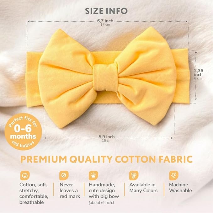 Newborn Baby Girl Headband 0–6 Months – Soft Cotton Big Bow Headband for Infants, Stretchy Baby Hair Band, 4.3" (11 cm) Bow, 2.4" (6 cm) Band (Yellow, 0-6 Month)