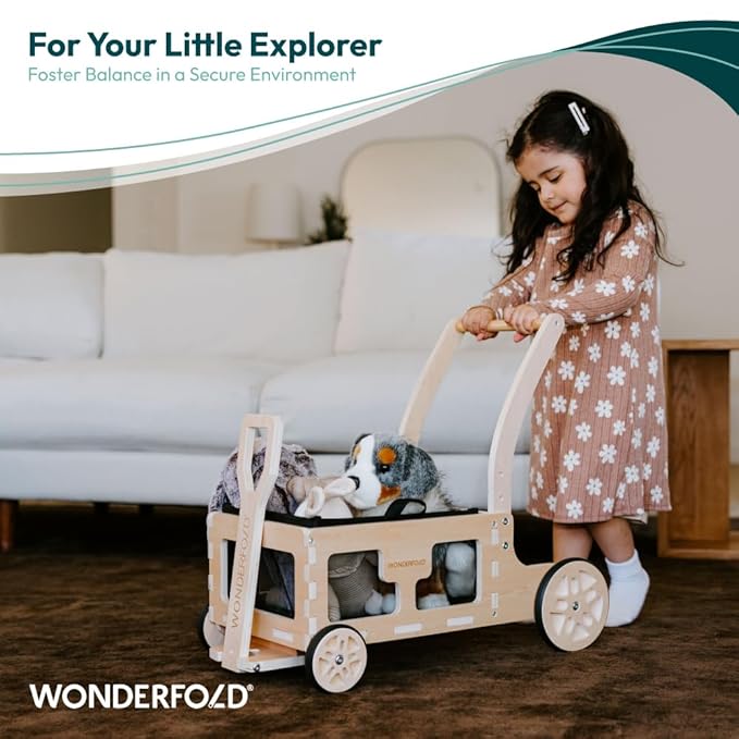 WONDERFOLD Step by Step Wagon Baby Walker - Adjustable Height Push Walker - Multifunctional Baby Walkers with Toy Storage
