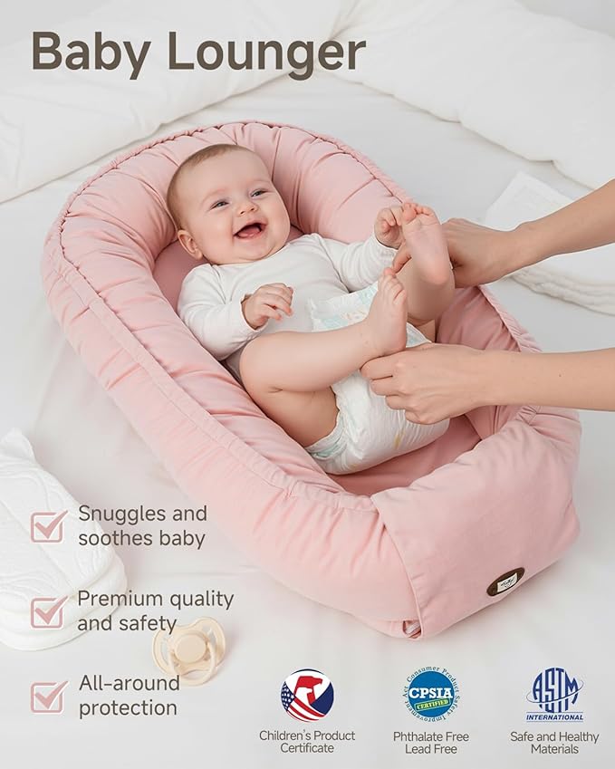 Baby Lounger, Adjustable Baby Lounger for Newborn 0-24 Months, Breathable & Soft Infant Lounger,Tummy Time Lounger for Home and Travel,Baby Girls & Boys Babies Stuff, Mother's Day Gift for Her, Pink