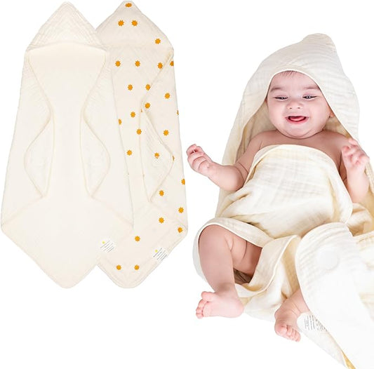Hands-Free Hooded Towel - 100% Organic Premium Muslin Cotton, 30" x 30", Ultra-Absorbent, Soft, Breathable, Hypoallergenic, Multipurpose, Gifts for Babies & Infants, Pack of 2
