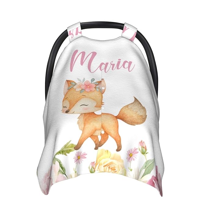 Fox Personalized Baby Car Seat Canopy – Custom Name Opening Minky Nursing Cover, Infant Carseat & Stroller Cover for Newborn Girls Baby Gift
