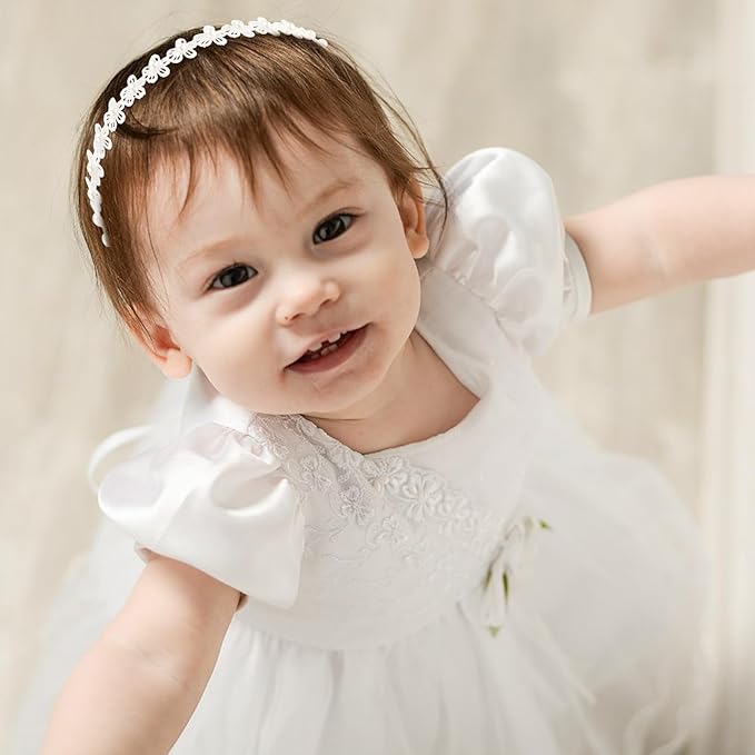 Adjustable Baptism Headband for Girl, White 15.75 inch Lace Baby Headband Baptism Hair Accessories for Girls, White Newborn Bow Flower Christening Hairband with Pearl for Toddlers Baptism