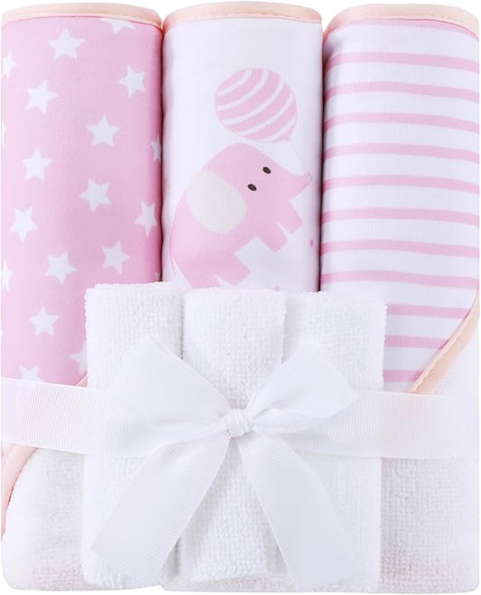 Mooreeke Baby Towel with Hood for Girls Pink Elephant Bath Towel for Babies Ultra Soft Absorbent 3 PCS Baby Towels and 3 PCS Washcloths for Newborn Essentials