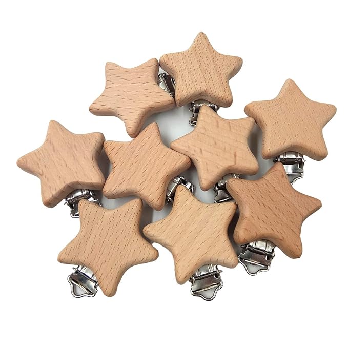 20pcs Natural Wood Suspender Pacifier Clips Cute Beech Wooden Animal Star Shape Clips Charm DIY Beading Pacifier Chain Accessory