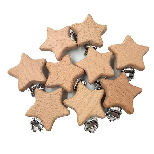 20pcs Natural Wood Suspender Pacifier Clips Cute Beech Wooden Animal Star Shape Clips Charm DIY Beading Pacifier Chain Accessory