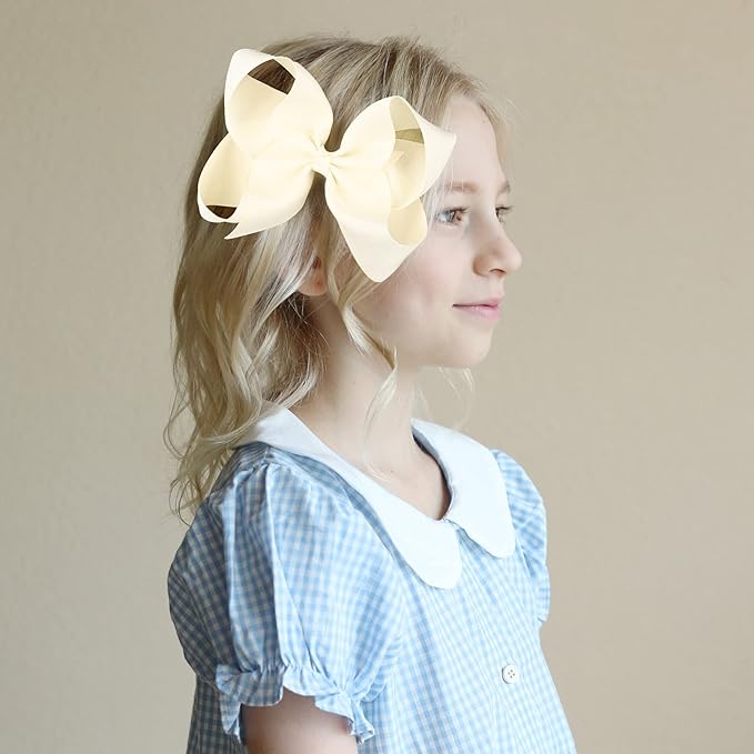 DEEKA 2 PCS 6" Big Hand-made Grosgrain Ribbon Solid Color Hair Bows Alligator Clips Hair Accessories for Little Teen Toddler Girls Kids Set of 2 -Ivory