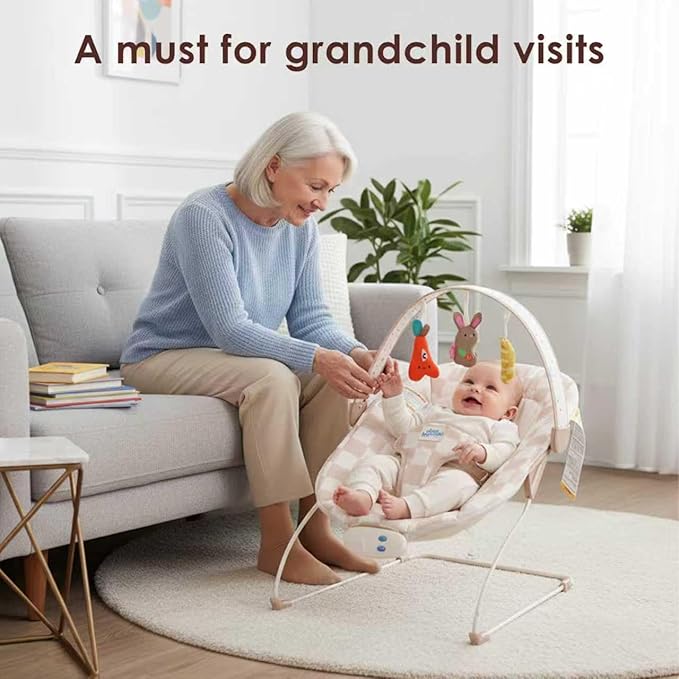 Baby Bouncer – Baby Bouncer seat, Infants Bouncy Seat with Music & Sensory Toys, Compact & Machine Washable Seat Pad Indoor Infant Seat, Ideal for Newborns 0-6 Months, Max Weight 20lbs (Sand Checker)