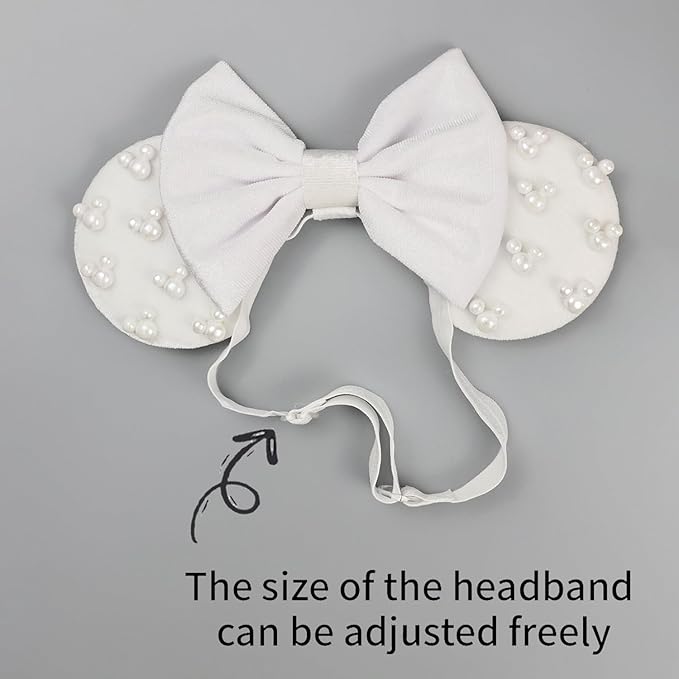 JIAHANG White Velvet Adjustable Mouse Ear Hair Bow Headband with Beadings, Fashion Bow Hairband Stand for Baby Girls Infant Toddlers