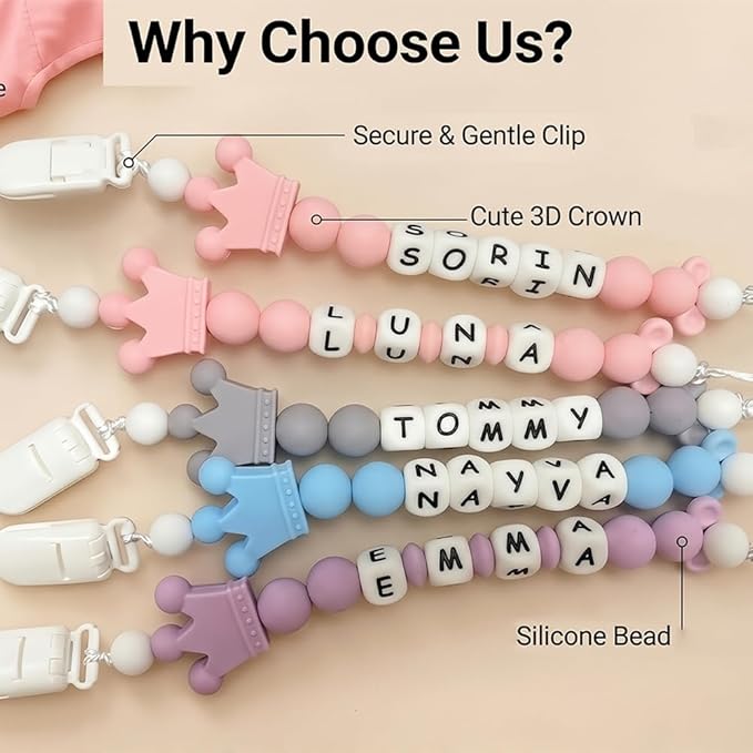 Personalized Pacifier Clip with Name Custom Pacifier Holder with Name Newborn Baby Gift Sets (Crown)