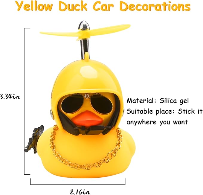 wonuu Rubber Duck Car Ornaments Cool Yellow Duck Car Dashboard Decorations Squeaky Glasses Duck with Propeller Helmet for Car ccessories Dashboard (Duckling-Yellow G)