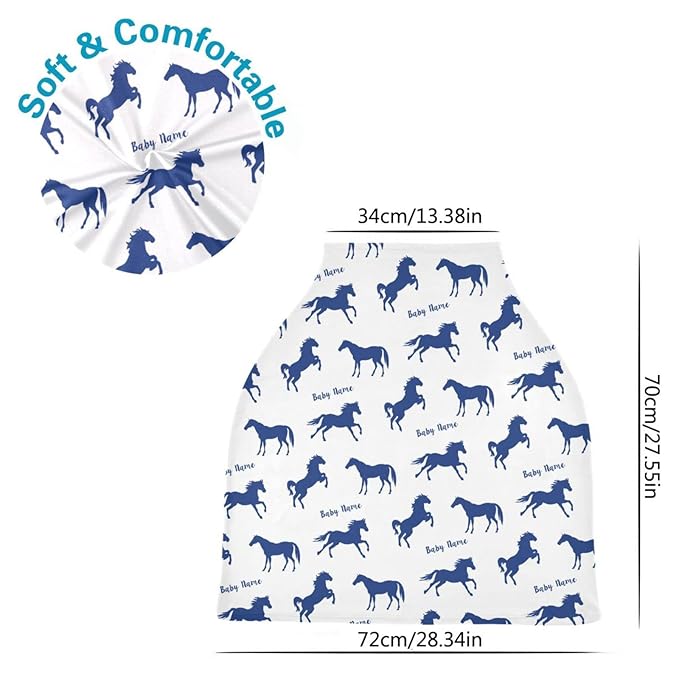 Personalized Baby Car Seat Cover for Babies, Custom Name Baby Car Seats Canopy for Boys, Nursing Breastfeeding Stroller Covers for Infant Newborn, Shower Gift (Running Horse Blue)