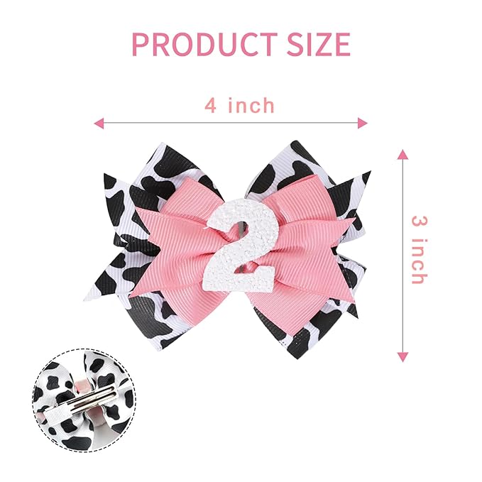 Birthday Hair Clips for Baby Girls - 2Pc Cow Print Bow with White Number Hair Clips for 2nd Birthday Baby Bow Party Decorations for Girls Toddlers Hair Accessories (Cow Print -2 Years)