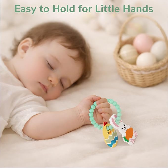 Easter Teething Ring for Baby, Bunny Carrot & Chick Egg Silicone Teether Bracelet, Sensory Chew Toys for Newborns & Infants 3–12 Months, Easter Basket Stuffers for Toddlers, Baby First Easter Gift
