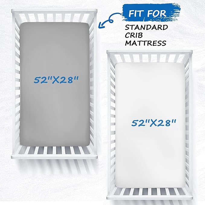 Crib Sheets Boy Girl, 2 Pack Baby Crib Sheets for Standard Crib Mattress & Toddler Bed Mattress, Snug Fit Breathable Soft Fitted Crib Sheet, Grey & White